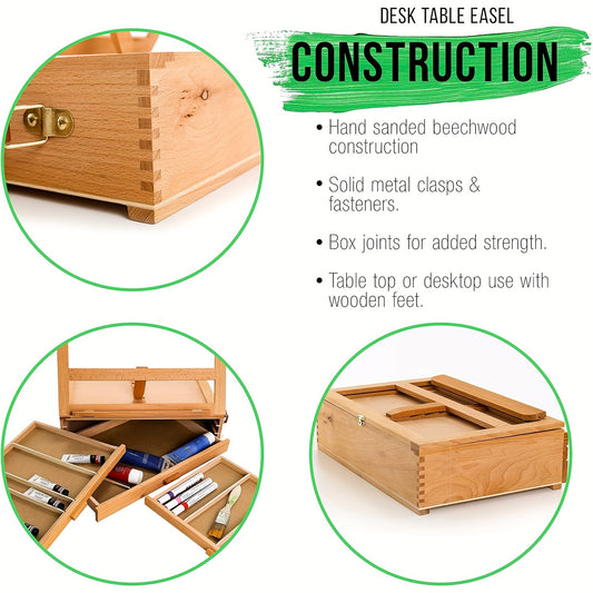 Adjustable Beechwood 3-Drawer Easel & Storage Box - Portable Wooden Artist Desktop Organizer with Book Stand, Ideal for Art Supplies & Books, Adjustable Easel Stand|Aesthetic Organizer|Beechwood Construction