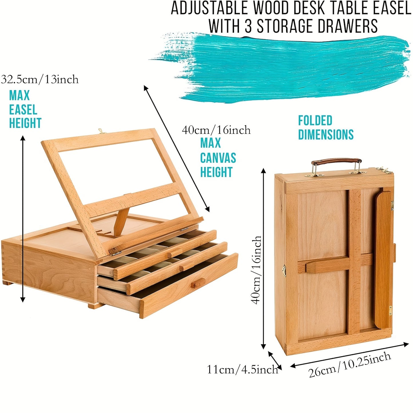 Adjustable Beechwood 3-Drawer Easel & Storage Box - Portable Wooden Artist Desktop Organizer with Book Stand, Ideal for Art Supplies & Books, Adjustable Easel Stand|Aesthetic Organizer|Beechwood Construction