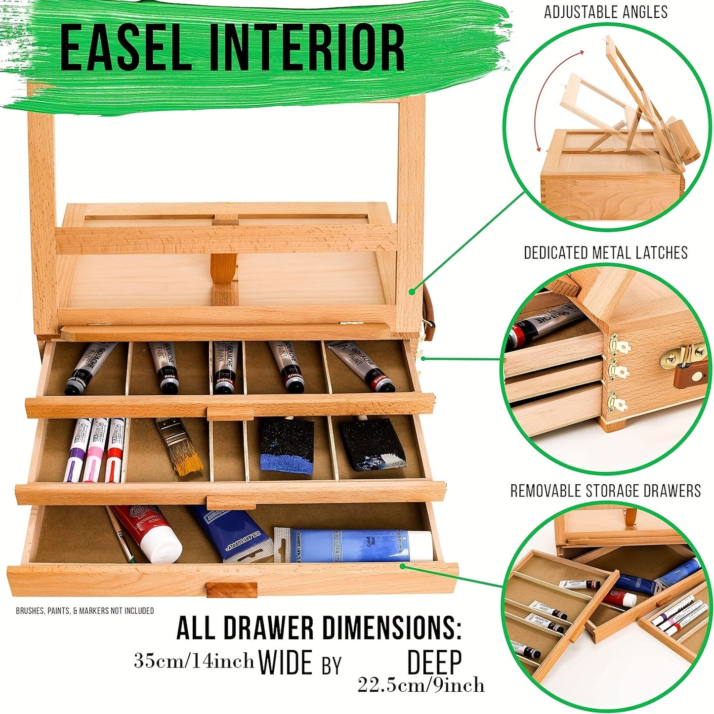 Adjustable Beechwood 3-Drawer Easel & Storage Box - Portable Wooden Artist Desktop Organizer with Book Stand, Ideal for Art Supplies & Books, Adjustable Easel Stand|Aesthetic Organizer|Beechwood Construction