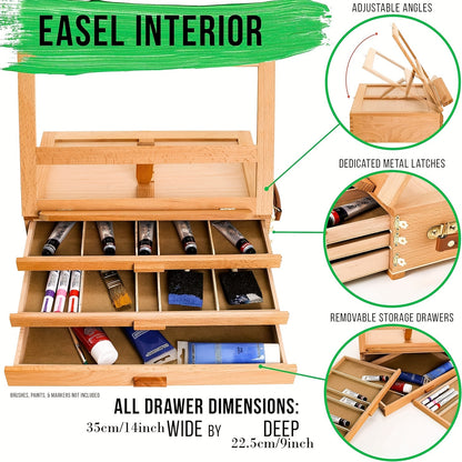 Adjustable Beechwood 3-Drawer Easel & Storage Box - Portable Wooden Artist Desktop Organizer with Book Stand, Ideal for Art Supplies & Books, Adjustable Easel Stand|Aesthetic Organizer|Beechwood Construction
