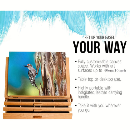 Adjustable Beechwood 3-Drawer Easel & Storage Box - Portable Wooden Artist Desktop Organizer with Book Stand, Ideal for Art Supplies & Books, Adjustable Easel Stand|Aesthetic Organizer|Beechwood Construction